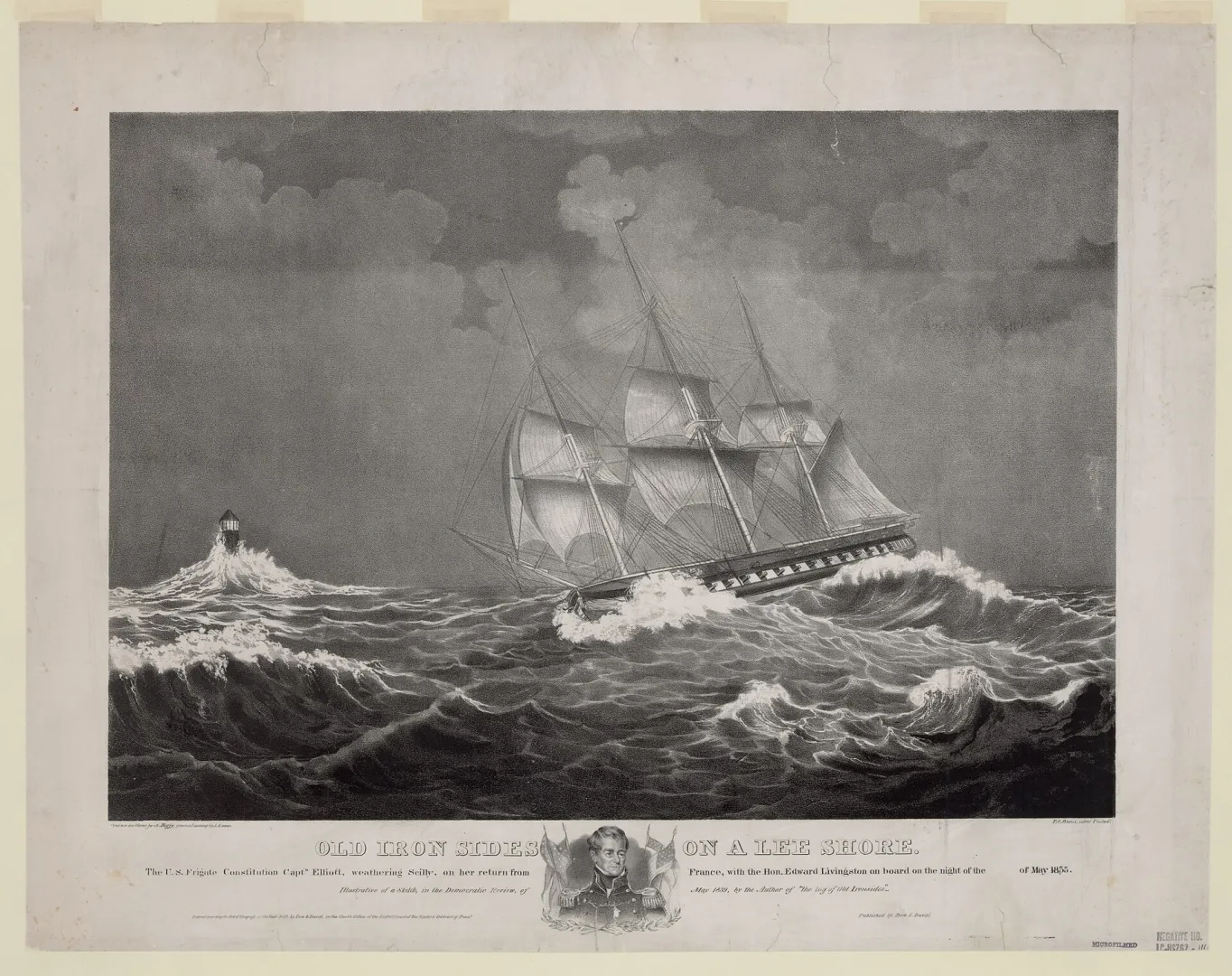 Period lithograph of the frigate USS Constitution, Old Ironsides, under sail on a stormy sea