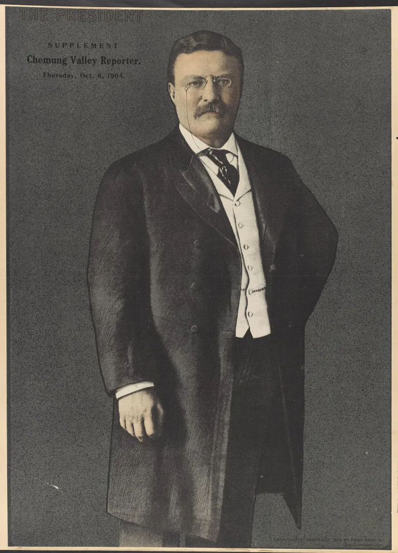 Full-length studio portrait of President Theodore Roosevelt standing in a long dark coat