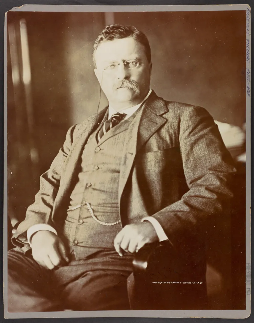 Formal seated studio portrait of Theodore Roosevelt in a suit, about 1910