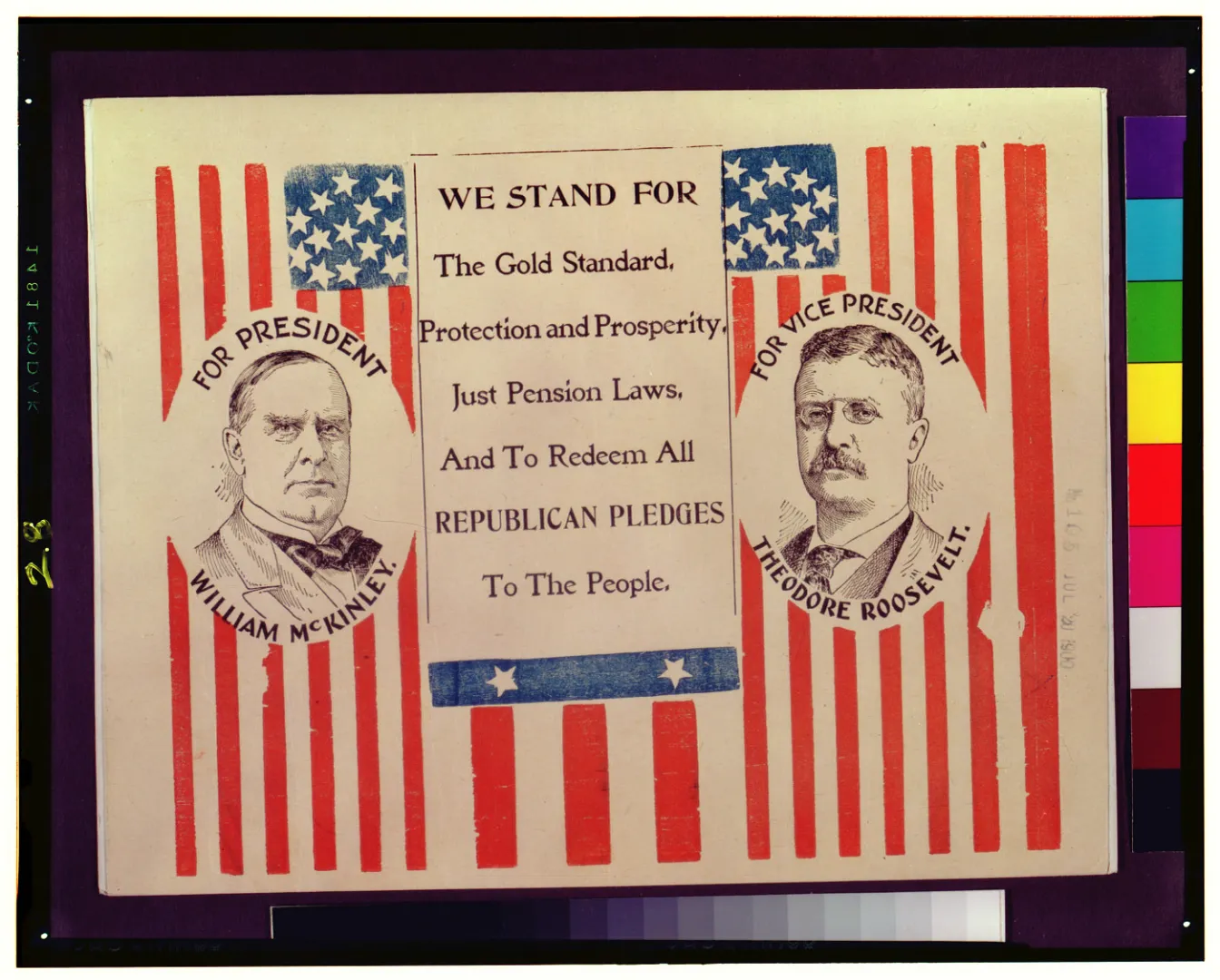 1900 Republican campaign poster with jugate portraits of William McKinley and Theodore Roosevelt on a flag design