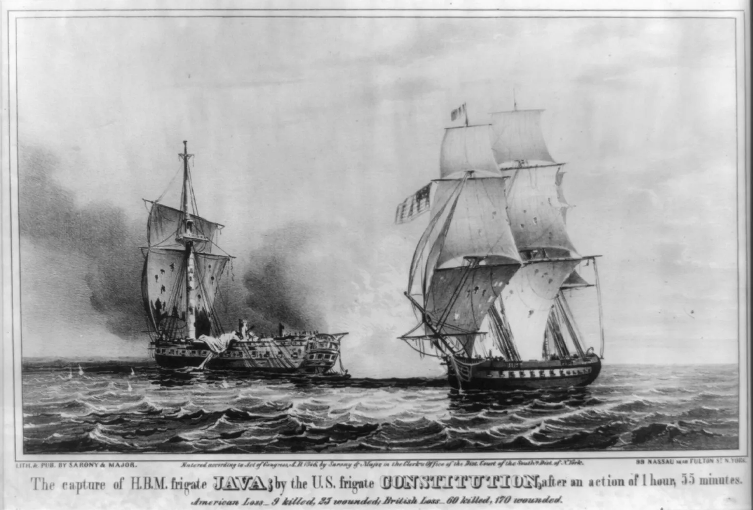 Period print showing the frigate USS Constitution engaging and capturing HMS Java at sea in 1812