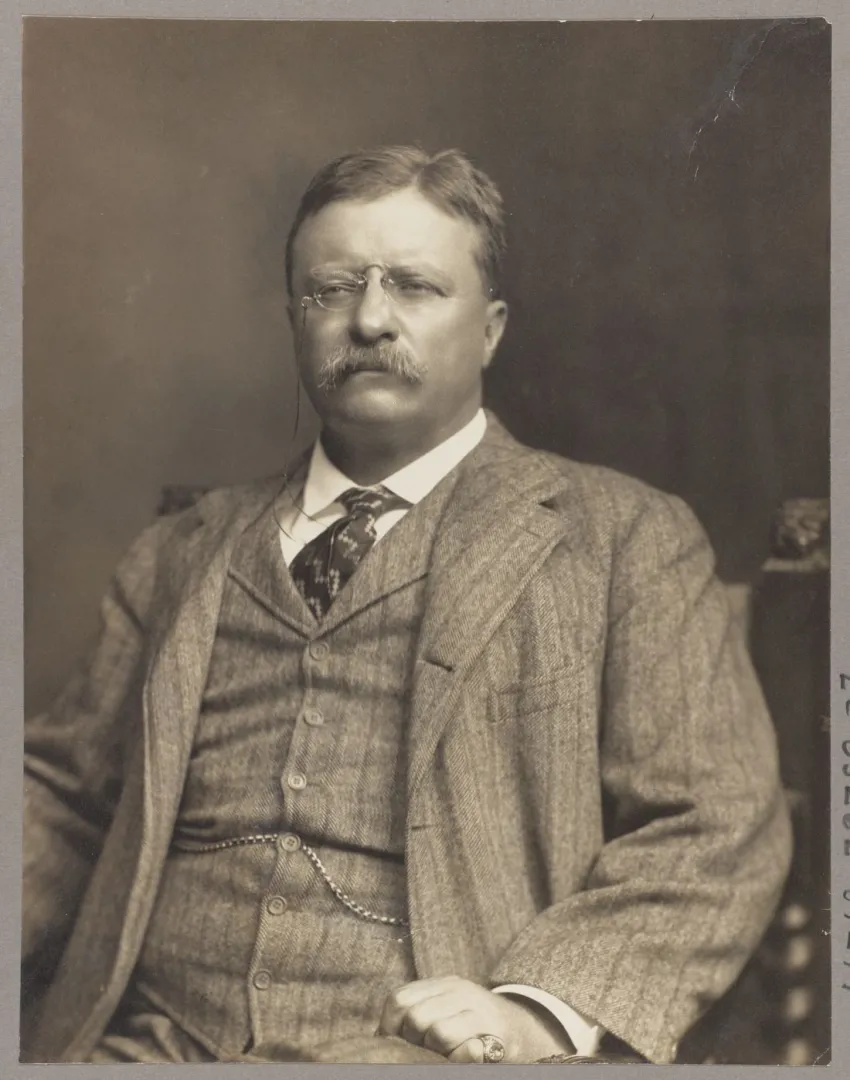 Formal seated portrait of Theodore Roosevelt in a tweed suit, 1911.