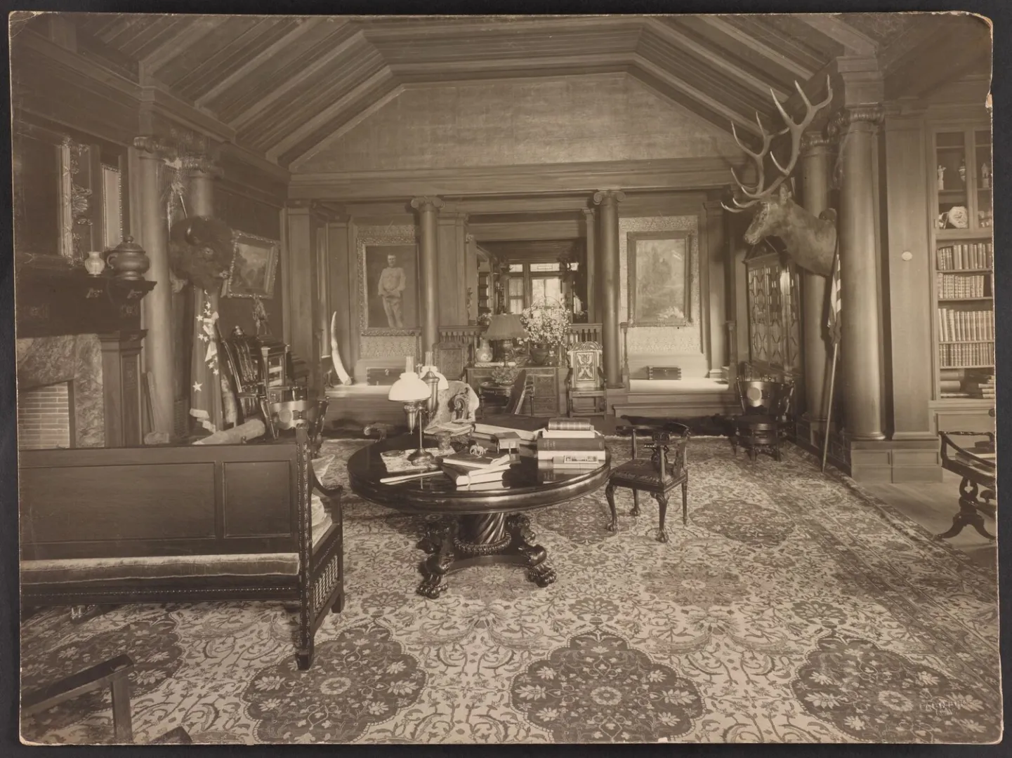 Trophy room at Sagamore Hill with mounted big-game heads and hunting trophies