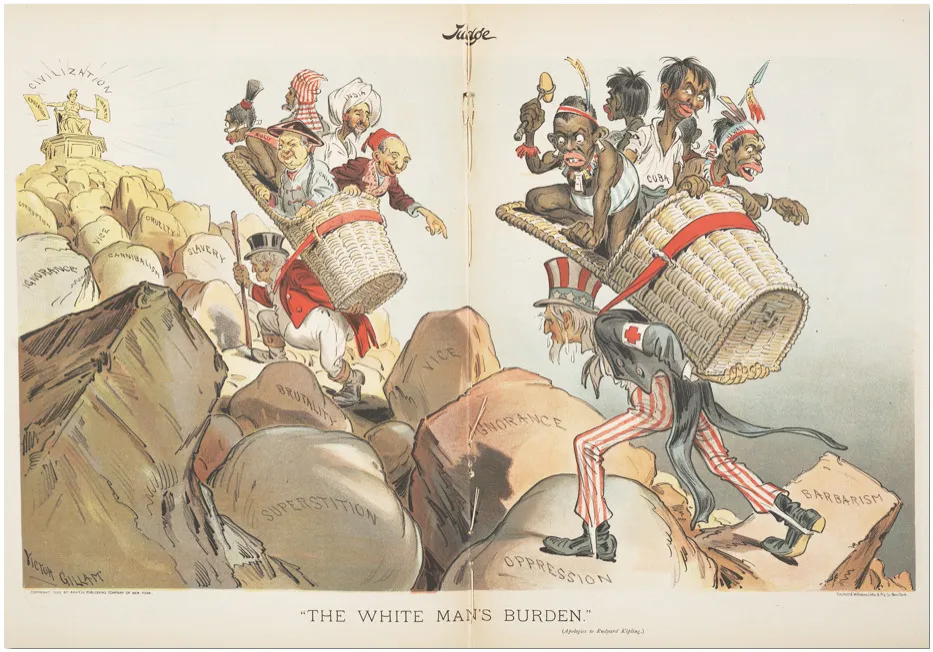 1899 cartoon of Uncle Sam and Britain carrying caricatured colonized peoples up a hill toward civilization