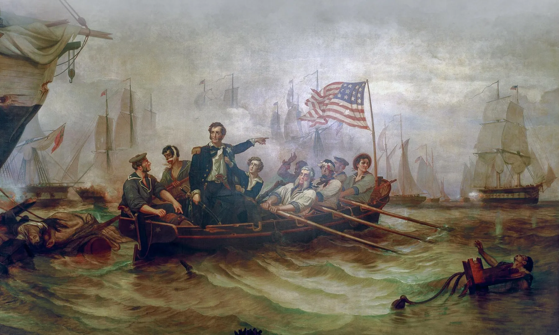 Painting of Commodore Oliver Hazard Perry standing in a longboat during the Battle of Lake Erie in 1813