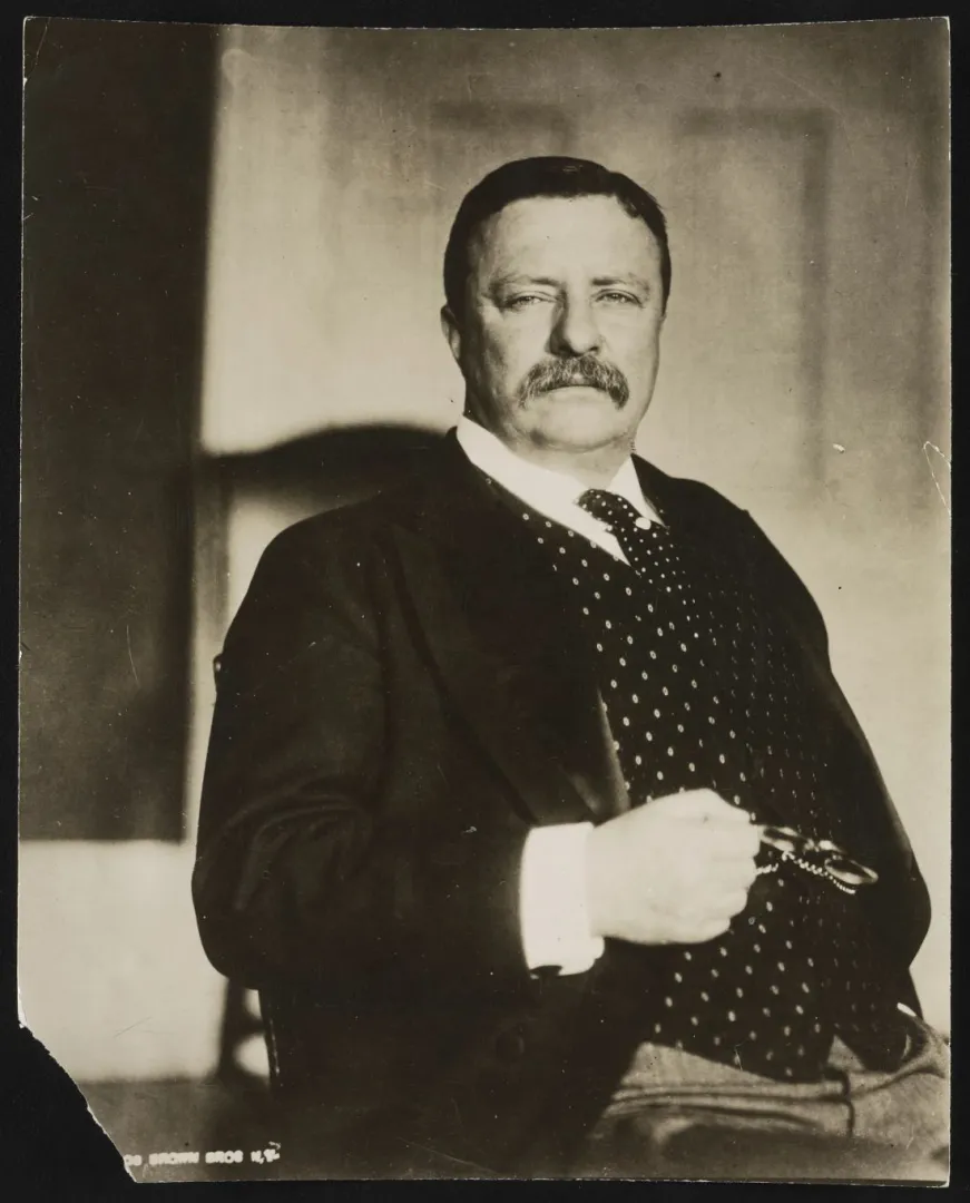 Half-length portrait of Theodore Roosevelt holding eyeglasses, 1908.