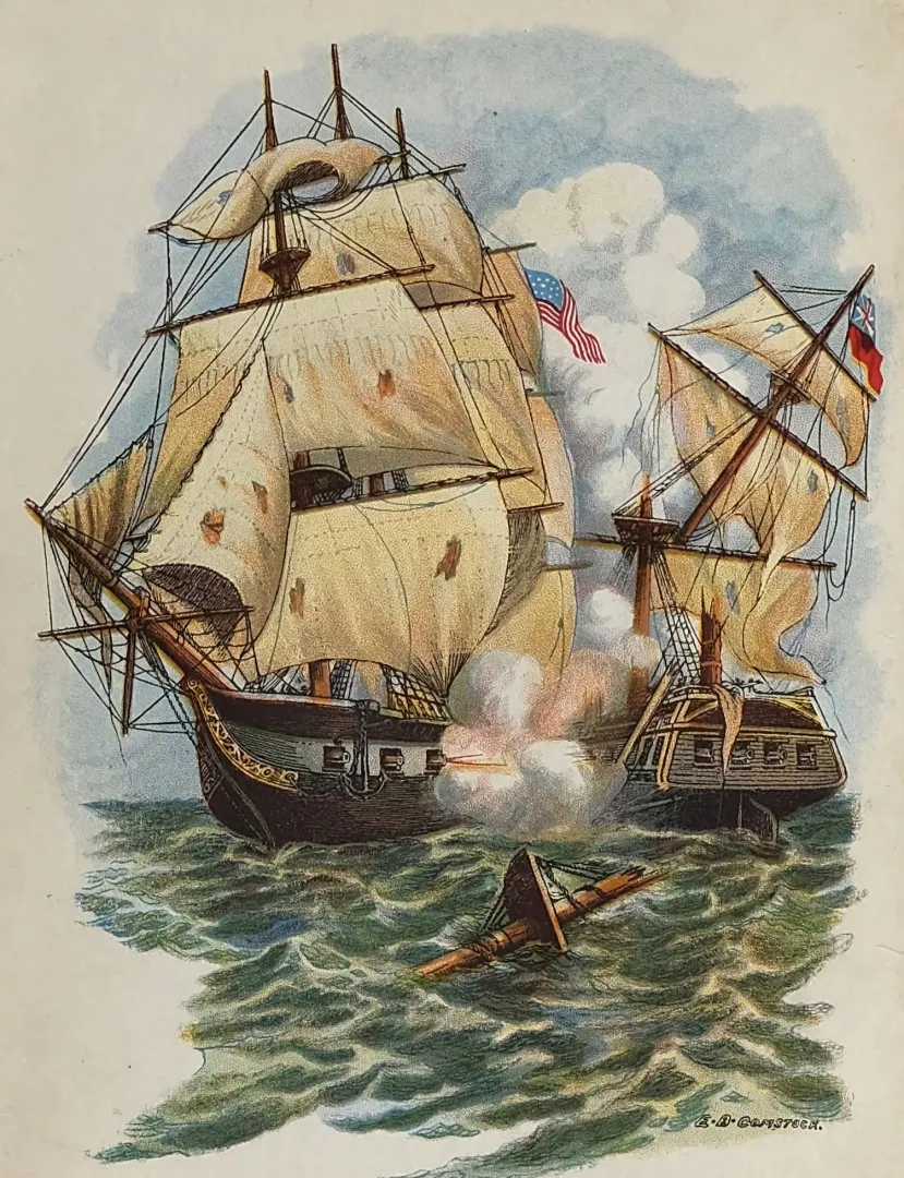 Illustration of the USS Constitution defeating HMS Guerriere in a naval duel during the War of 1812