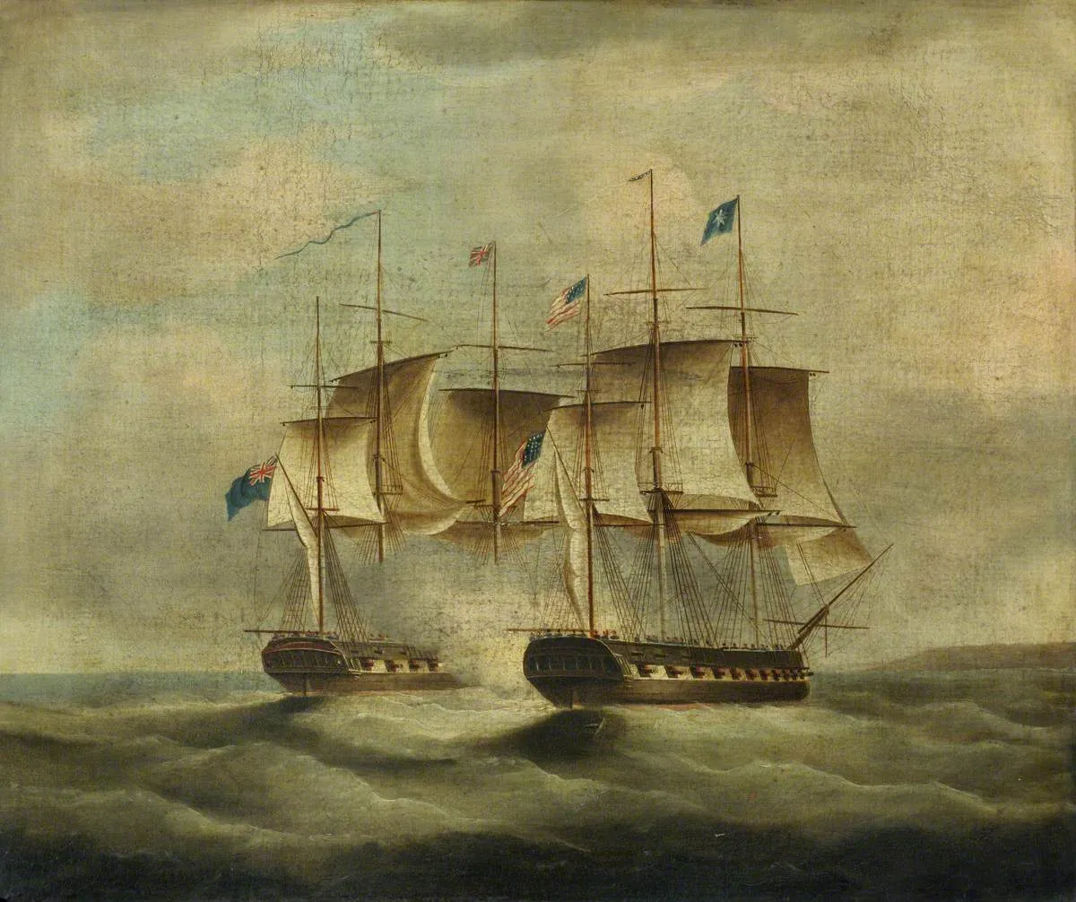 Period painting of the frigate USS United States capturing HMS Macedonian at sea in October 1812