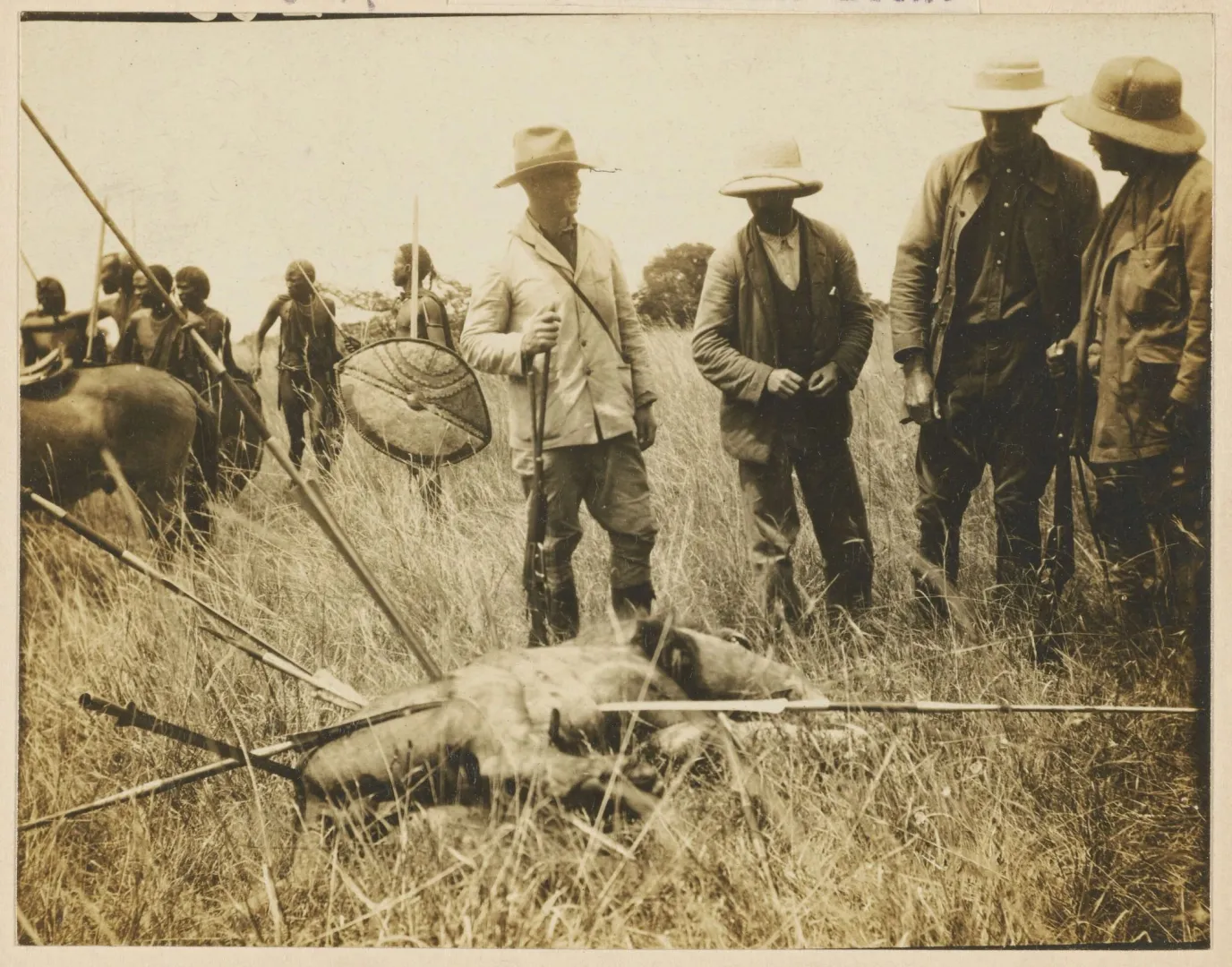 Roosevelt and companions with a lion taken on safari