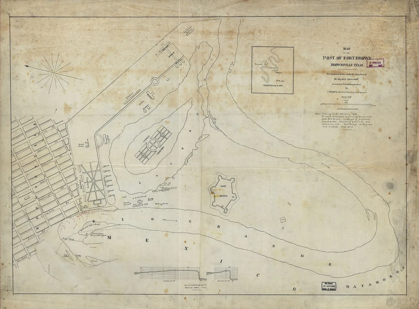 Survey map of the Fort Brown military post at Brownsville, Texas