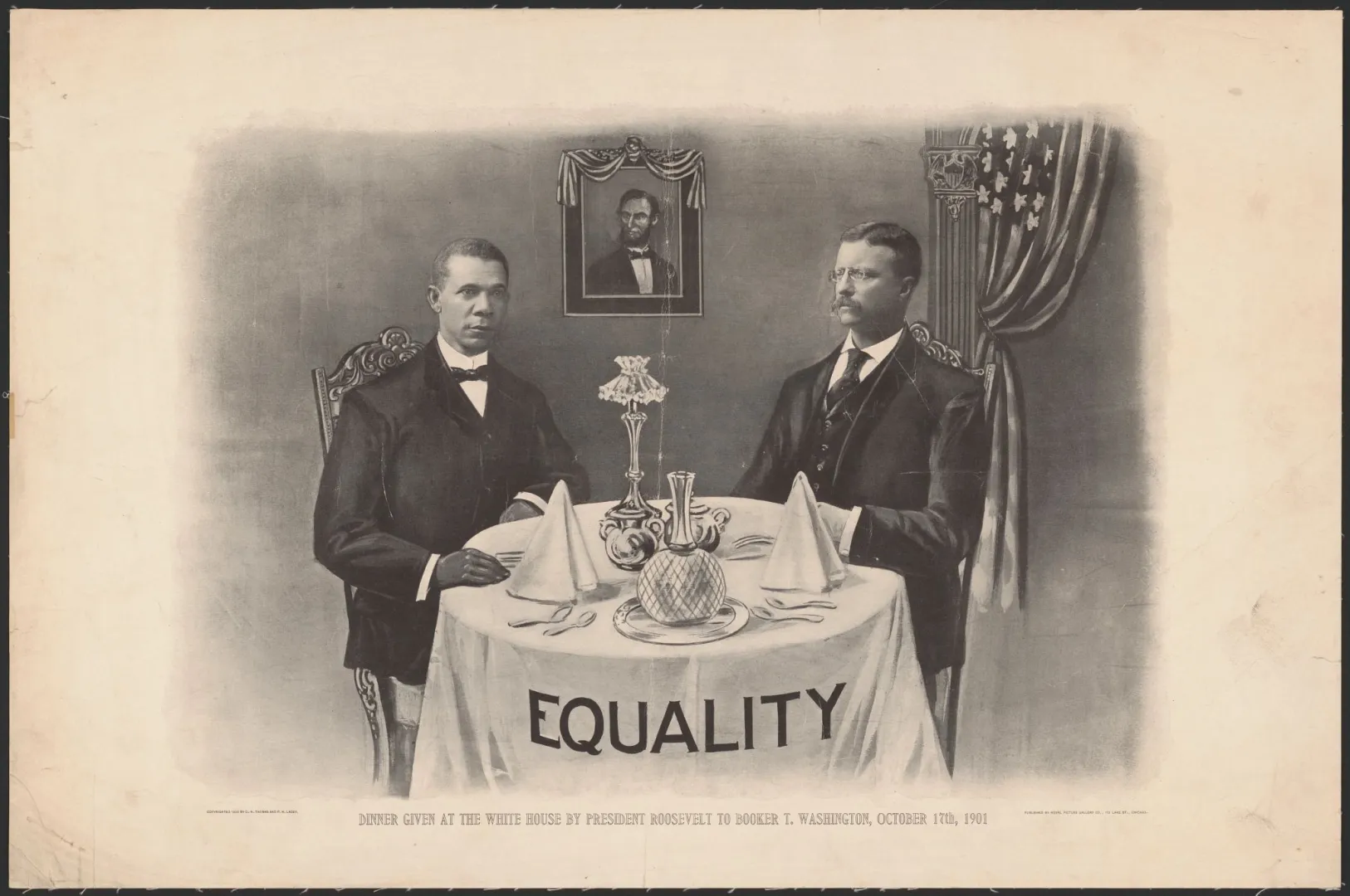 1901 lithograph depicting Roosevelt and Washington dining at the White House