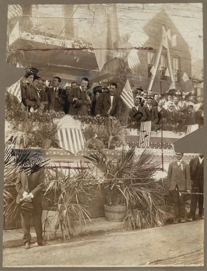 Theodore Roosevelt and Booker T. Washington on a decorated platform at Tuskegee, 1905