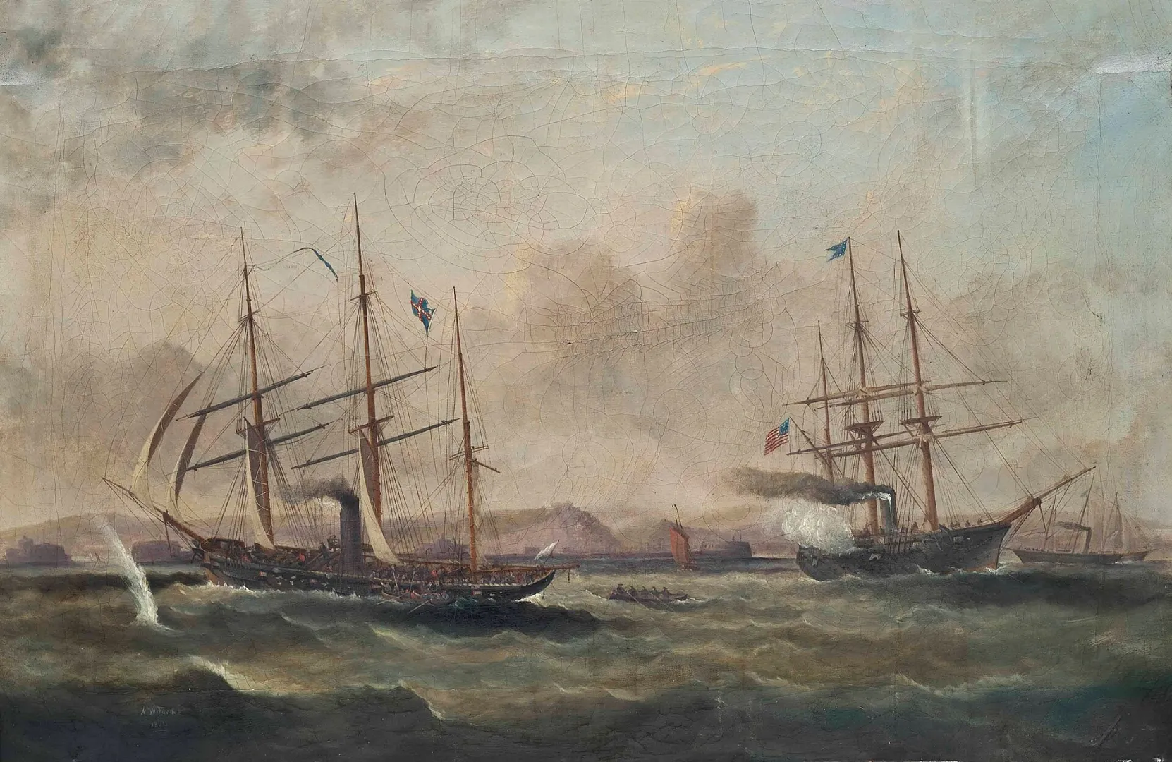 The Confederate raider CSS Alabama engaging the USS Kearsarge, 1864