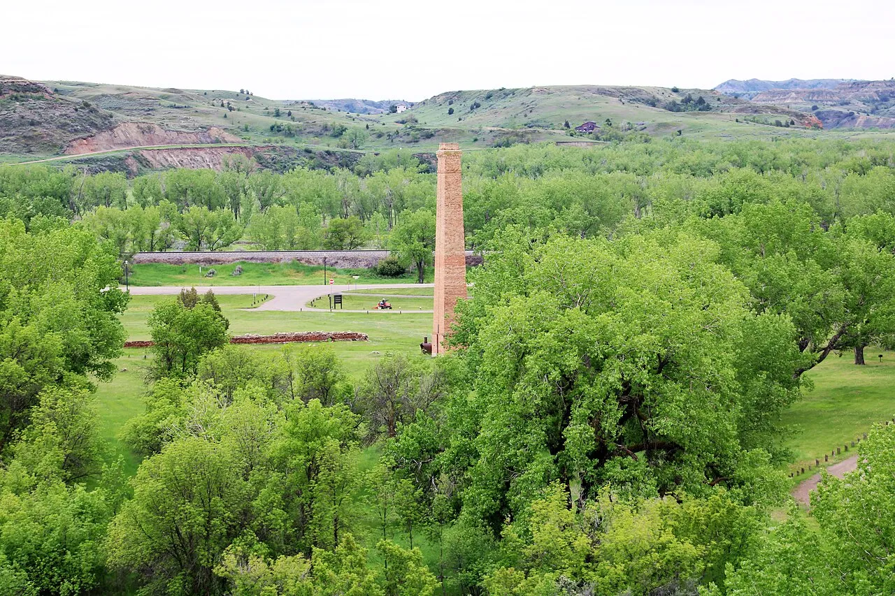 The surviving chimney of the de Morès packing plant at Medora today