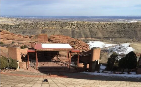 The stage and red sandstone formations of Red Rocks Amphitheatre outside Denver, Colorado