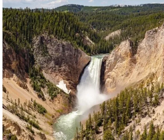 A waterfall plunging into the Grand Canyon of the Yellowstone between steep canyon walls