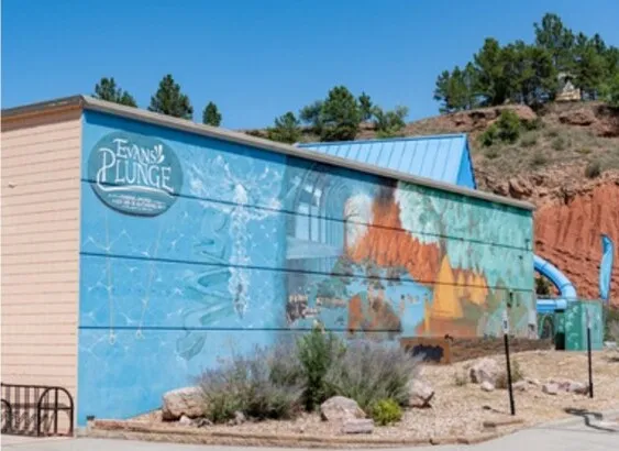 The painted exterior of Evans Plunge, the warm spring-fed pool in Hot Springs, South Dakota