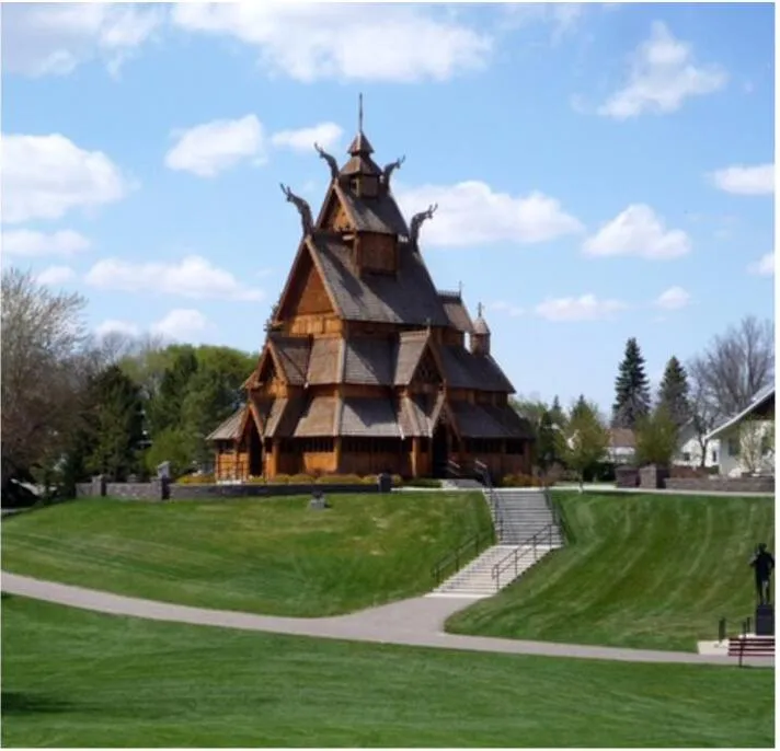 Full-scale Stave Church replica at Scandinavian Heritage Park in Minot