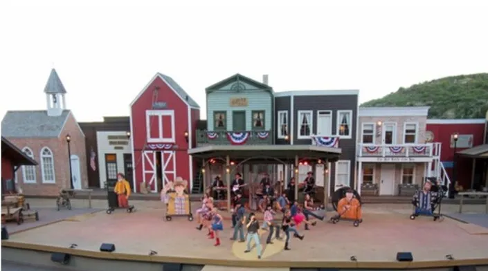Performers on the outdoor stage of the Medora Musical at the Burning Hills Amphitheatre in Medora, North Dakota