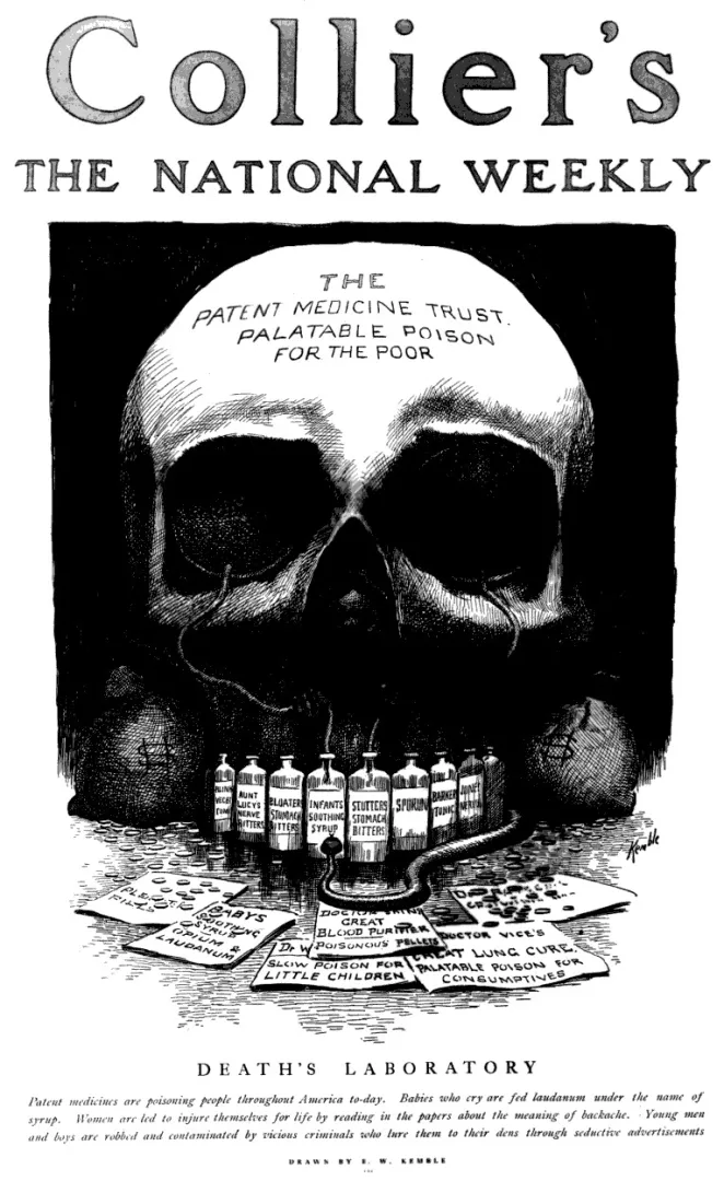 Collier's 1905 cover illustration 'Death's Laboratory,' a skull composed of patent-medicine bottles