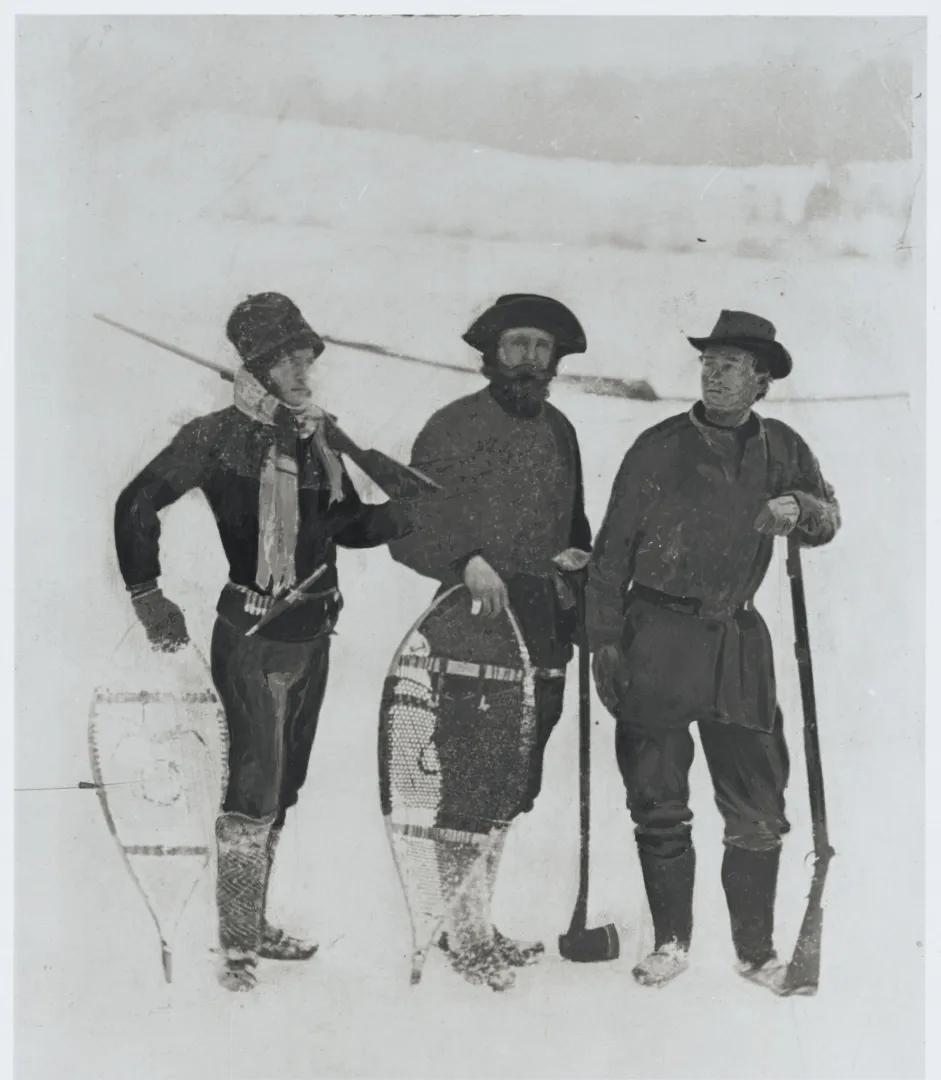 Theodore Roosevelt, Bill Sewall, and Wilmot Dow with snowshoes in Maine, 1879