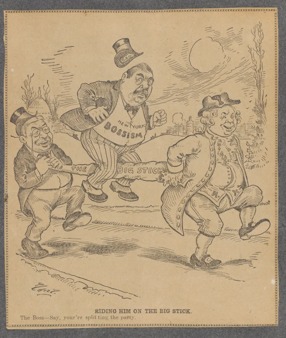 Editorial cartoon of Roosevelt riding a large club labeled 'big stick' between two political bosses