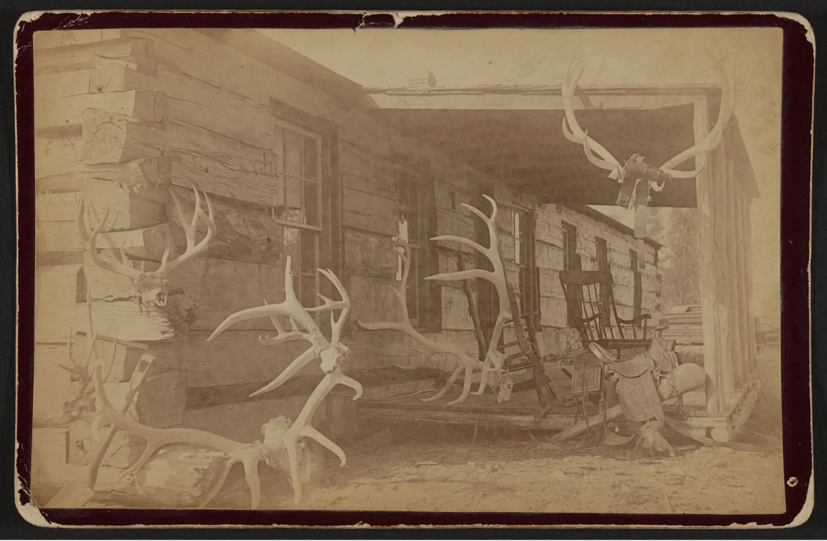 The Elkhorn ranch house, its porch hung with elk antlers