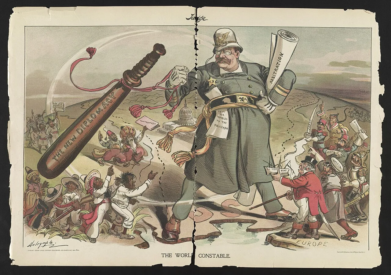 1905 political cartoon of Theodore Roosevelt as a policeman holding a big stick among figures representing the nations of the world