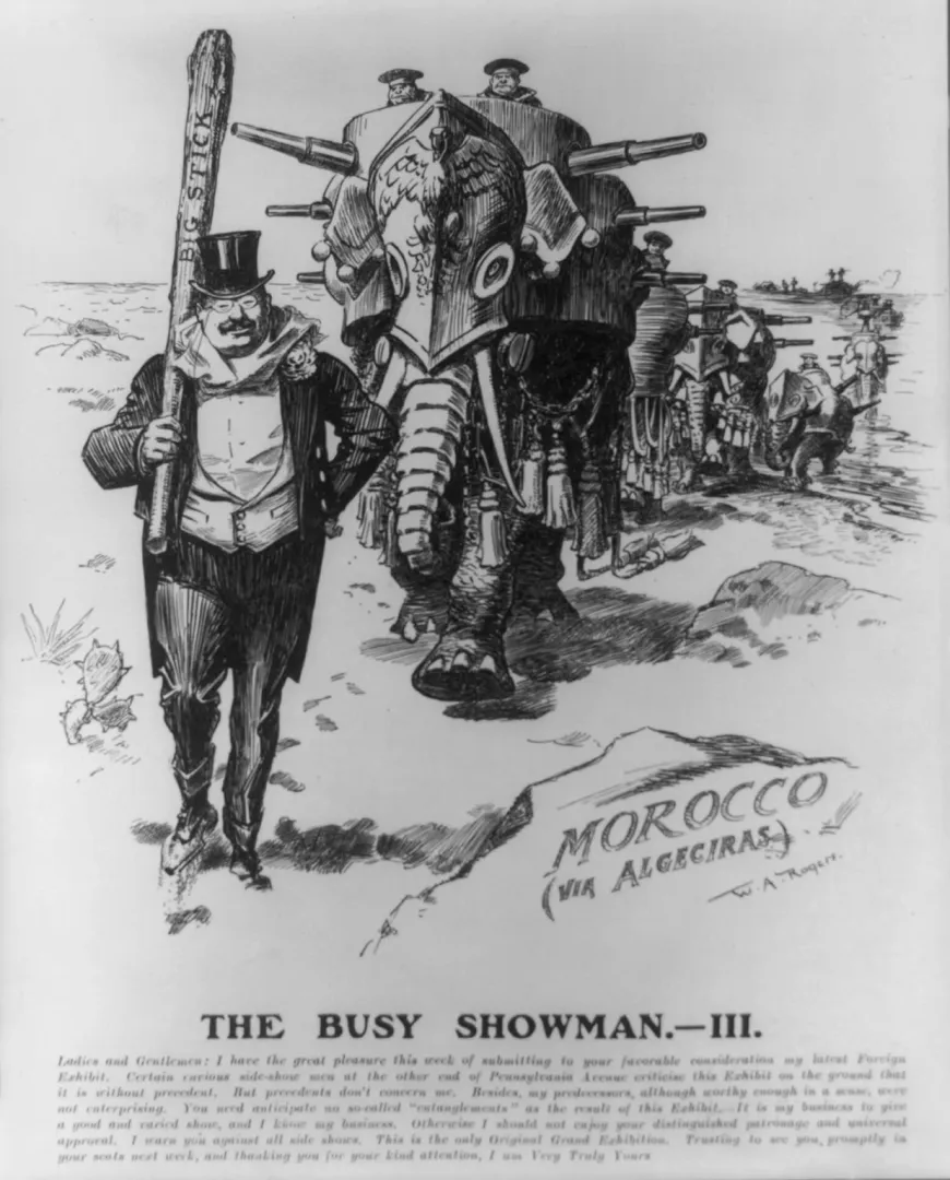 Political cartoon of Theodore Roosevelt carrying a big stick and leading a figure labeled Morocco and Algeciras