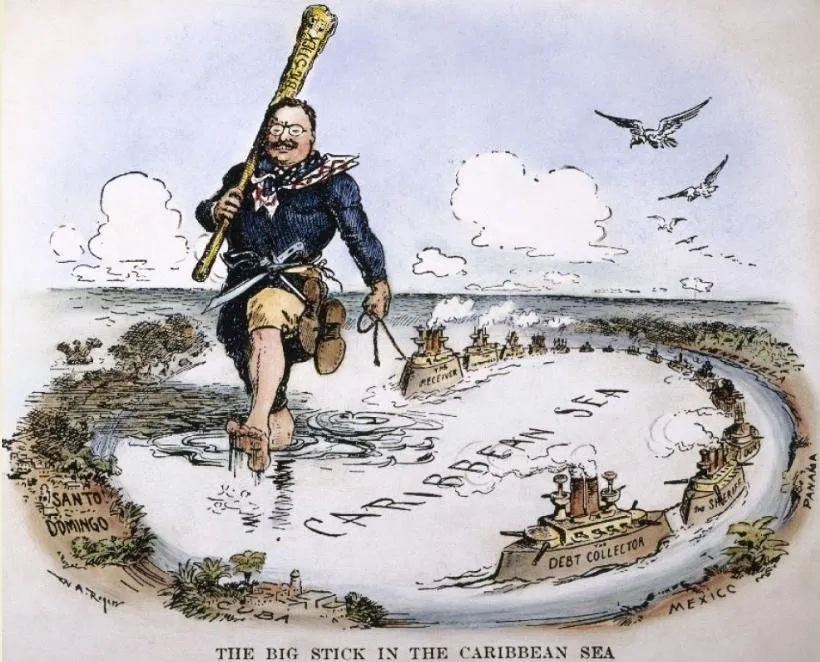 1904 political cartoon showing Theodore Roosevelt striding across the Caribbean Sea carrying a big stick and towing U.S. warships
