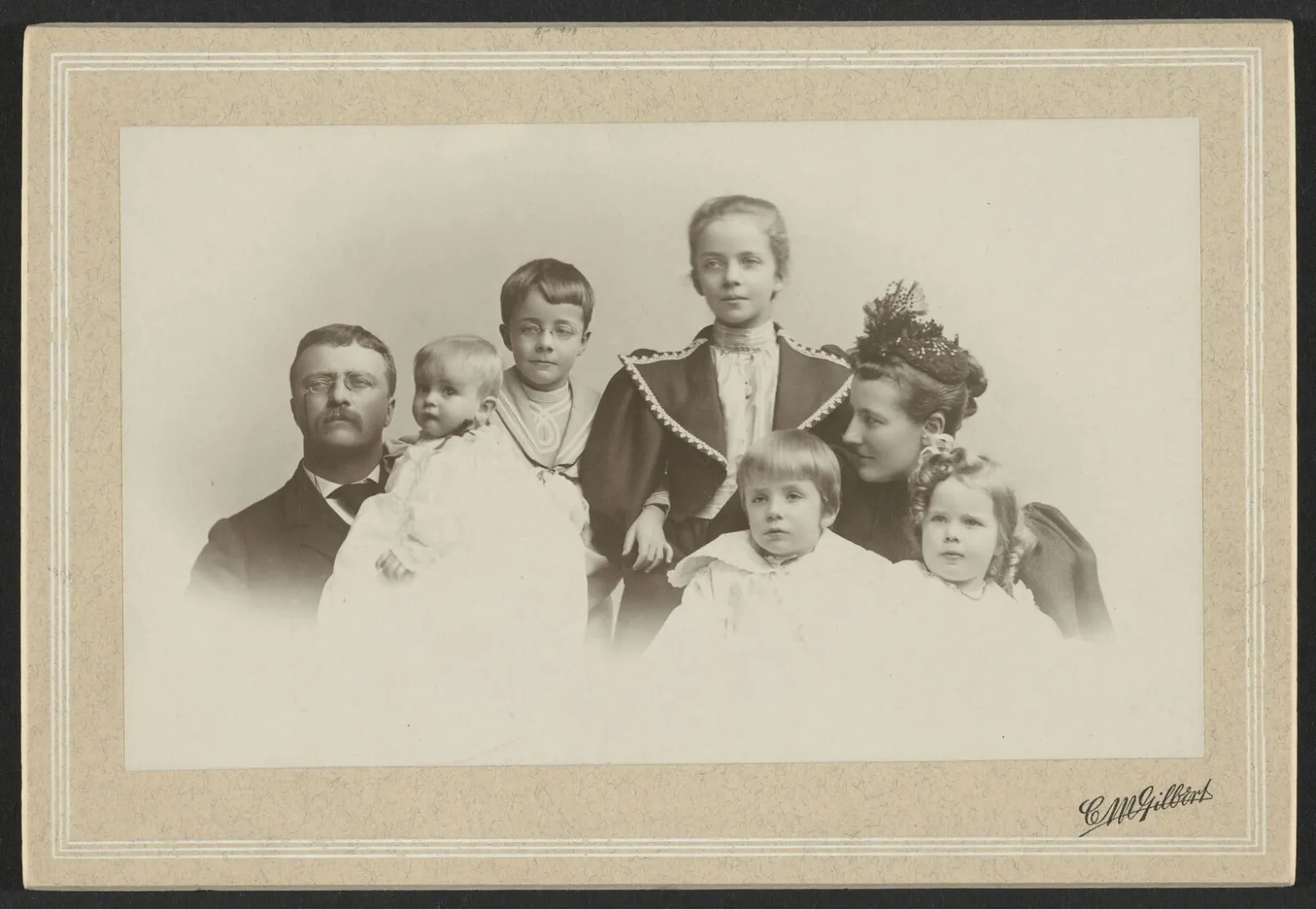 Theodore and Edith Roosevelt with their young children in an early studio portrait