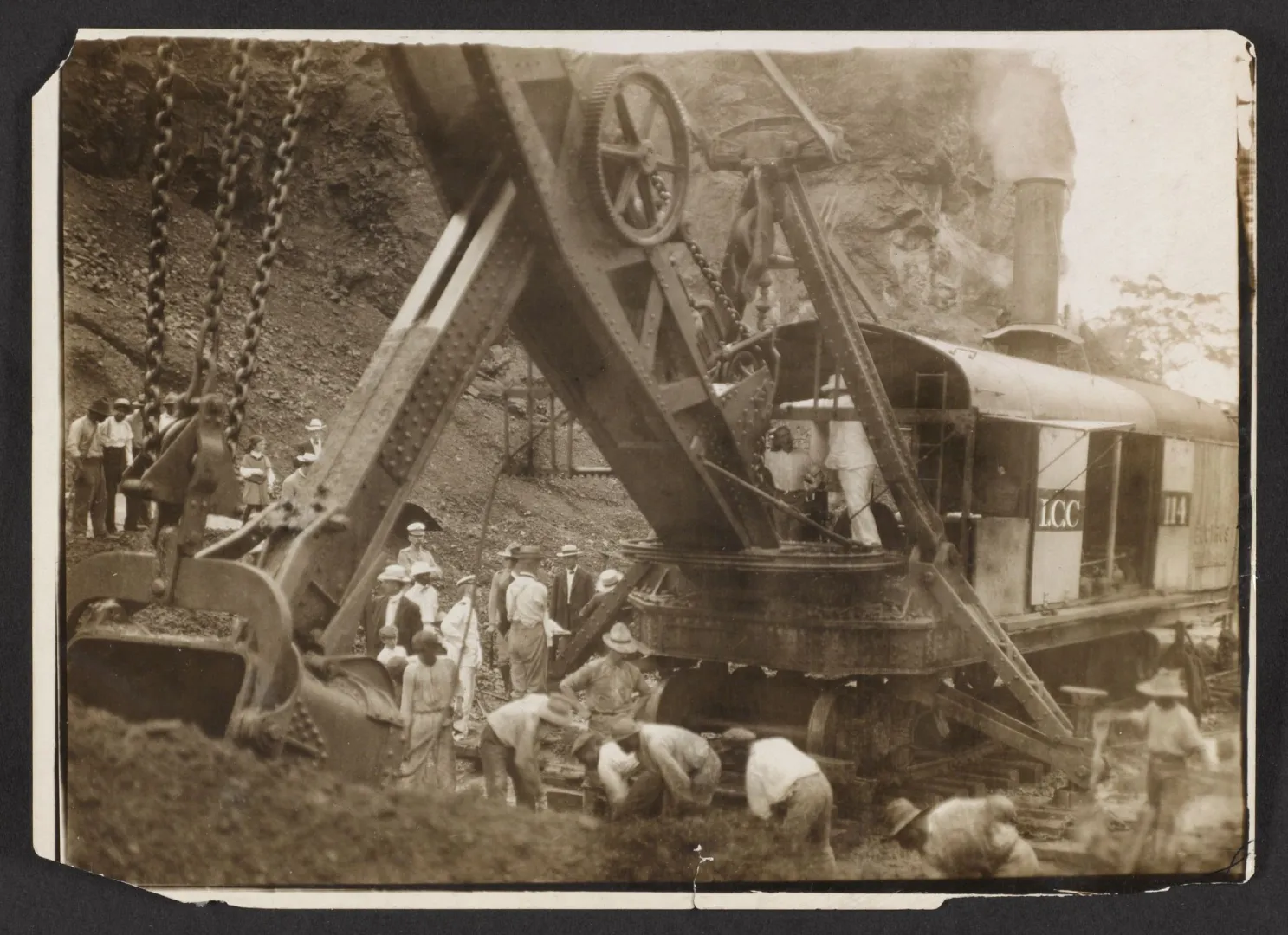 President Theodore Roosevelt seated at the controls of a large steam shovel at the Culebra Cut during Panama Canal construction