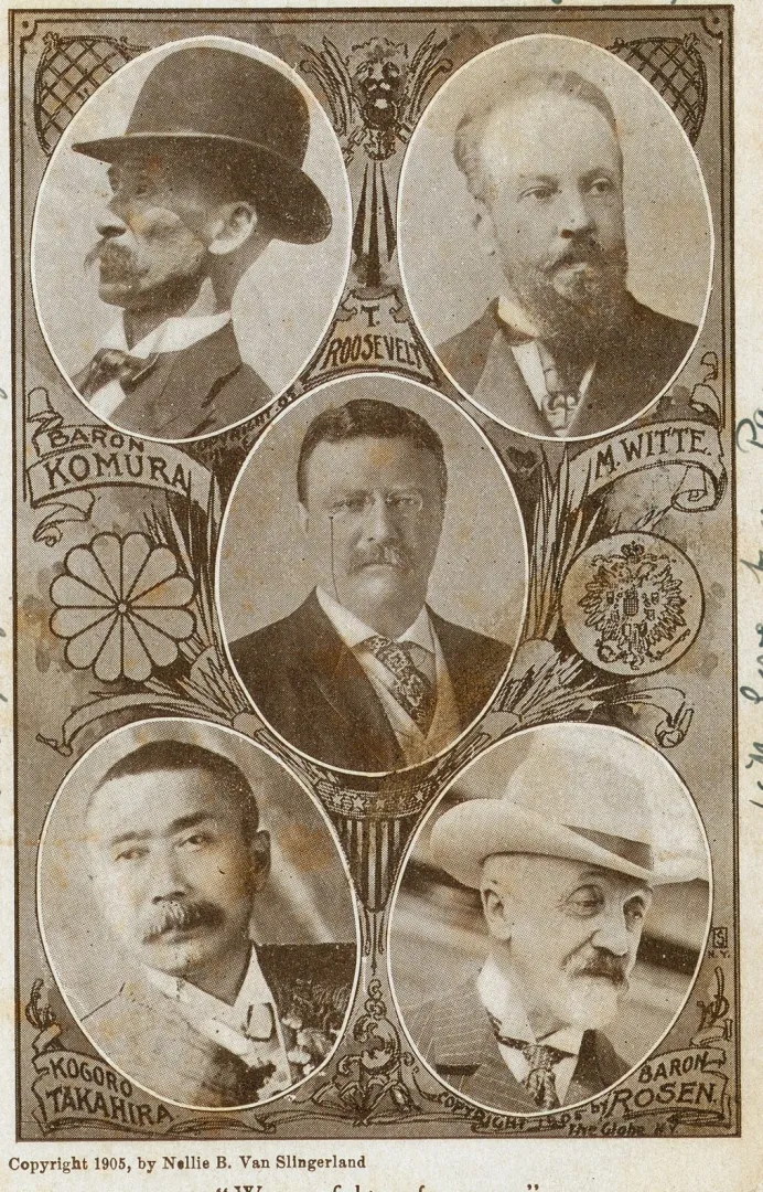 1905 commemorative print with Theodore Roosevelt at center, surrounded by the Russian and Japanese envoys to the Portsmouth Peace Conference