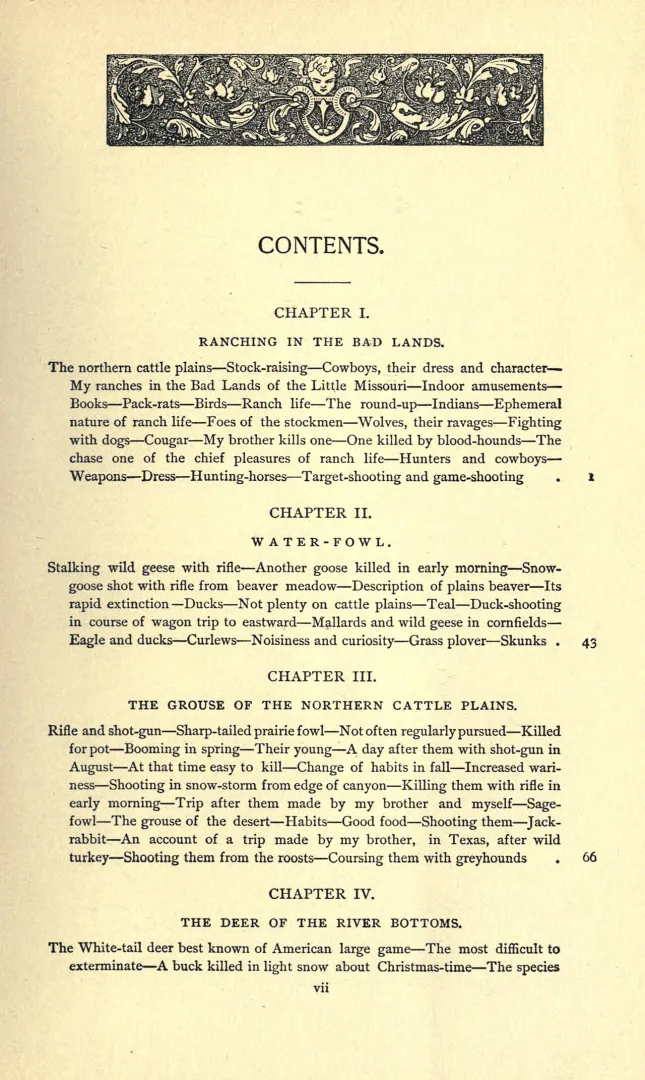 Printed table of contents from Roosevelt's book Hunting Trips of a Ranchman, opening with a chapter titled Ranching in the Bad Lands.