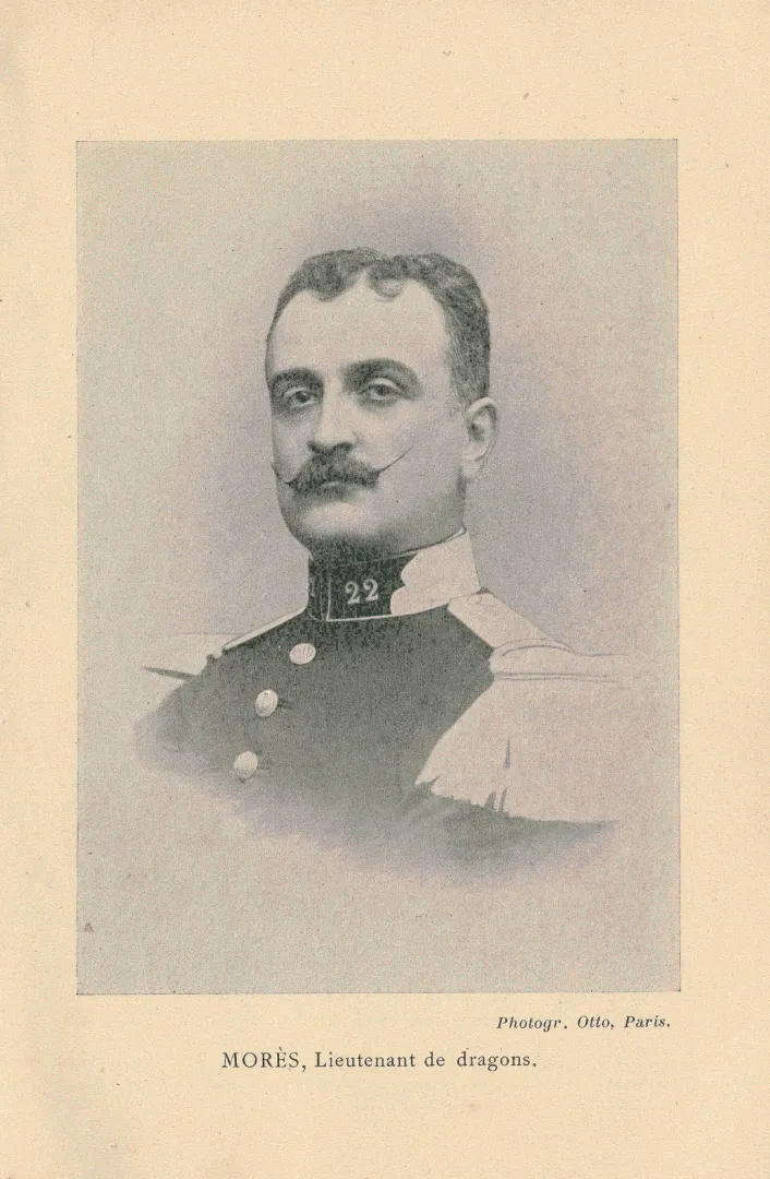 Studio portrait of Antoine de Vallombrosa, the Marquis de Mores, in a French cavalry uniform.