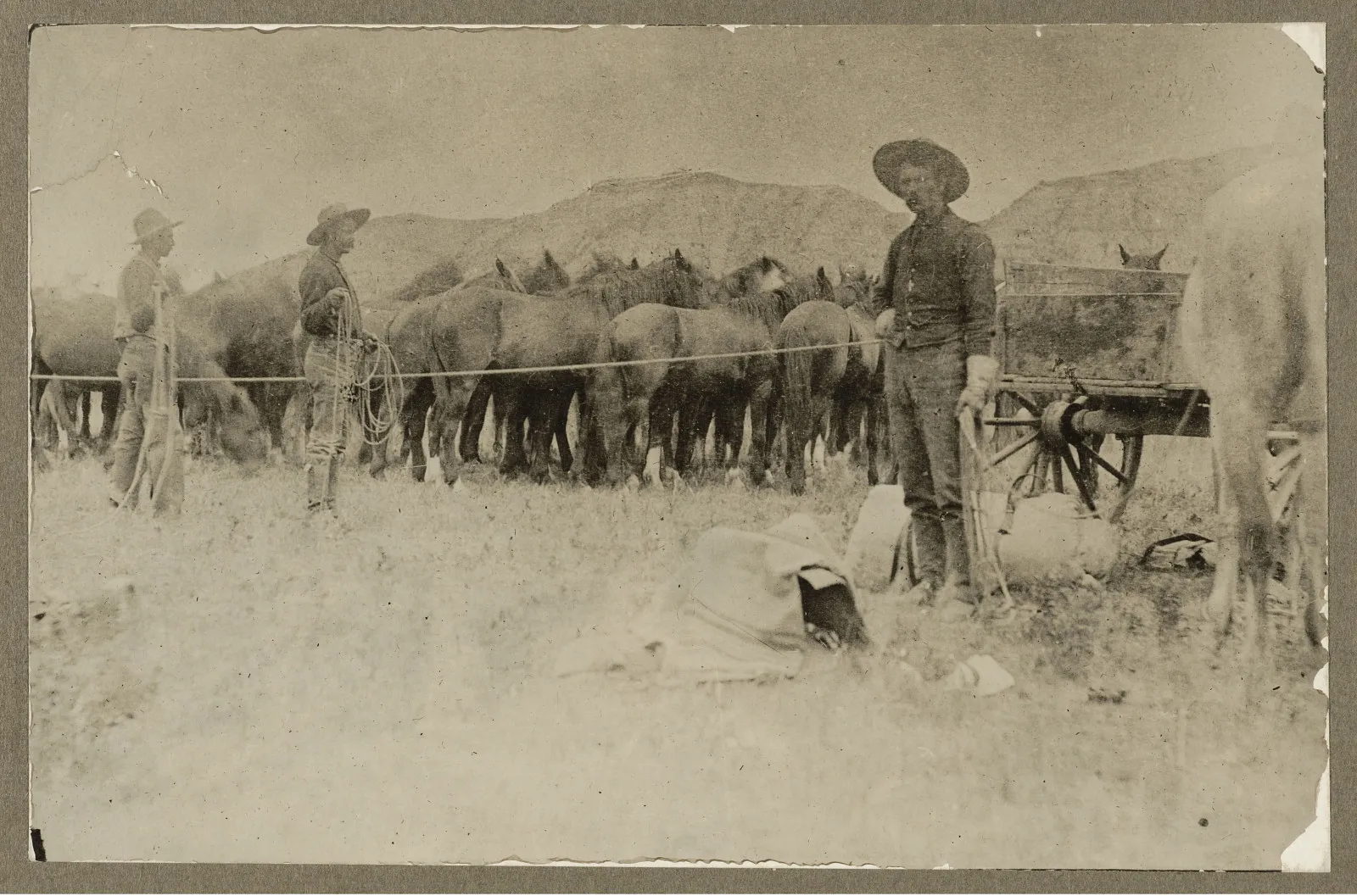 Sylvane Ferris and two other cowpunchers with their horses on the Dakota range.