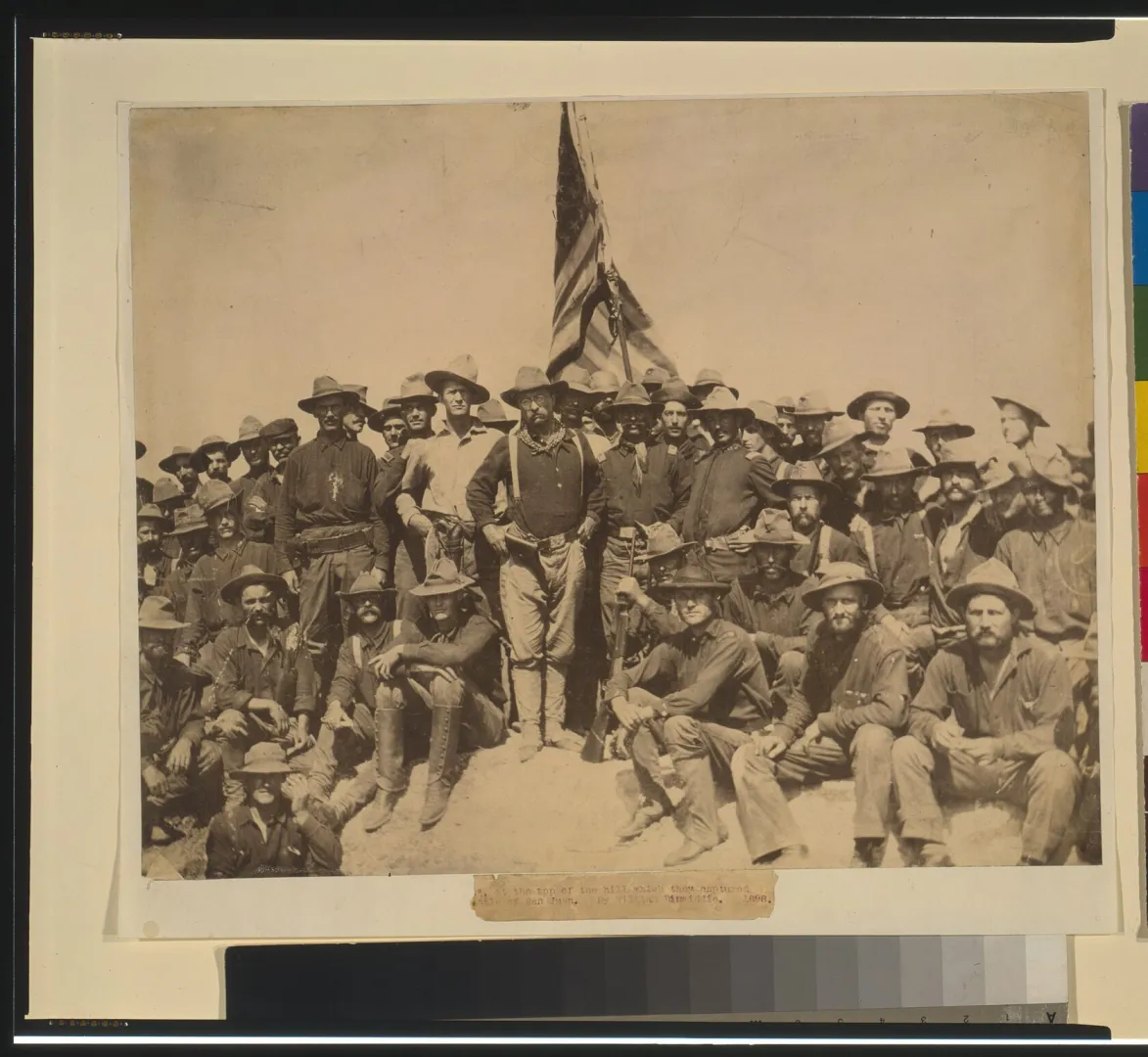 Colonel Theodore Roosevelt and his Rough Riders atop the captured hill after the Battle of San Juan, 1898.