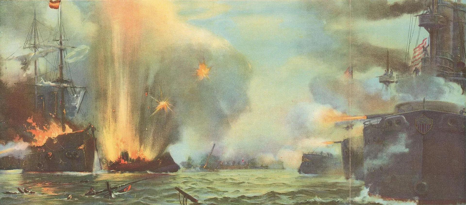 Painting of the United States Asiatic Squadron destroying the Spanish fleet at the Battle of Manila Bay, 1898.