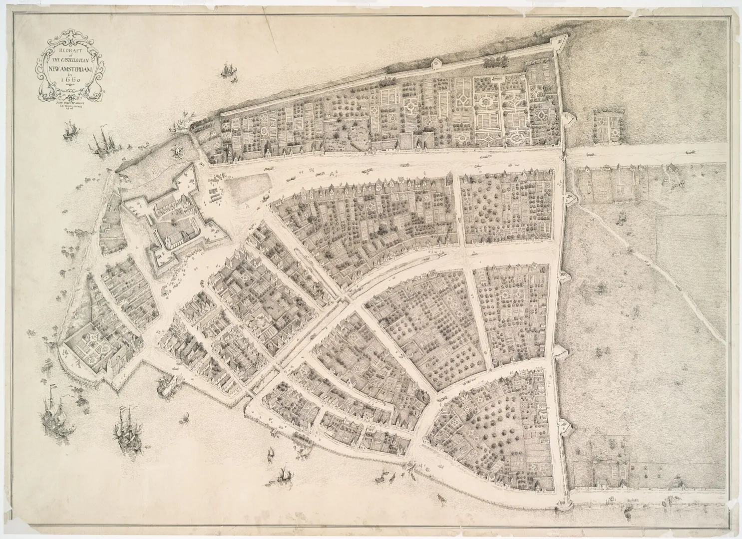 A bird's-eye map of Dutch New Amsterdam on Manhattan, 1660