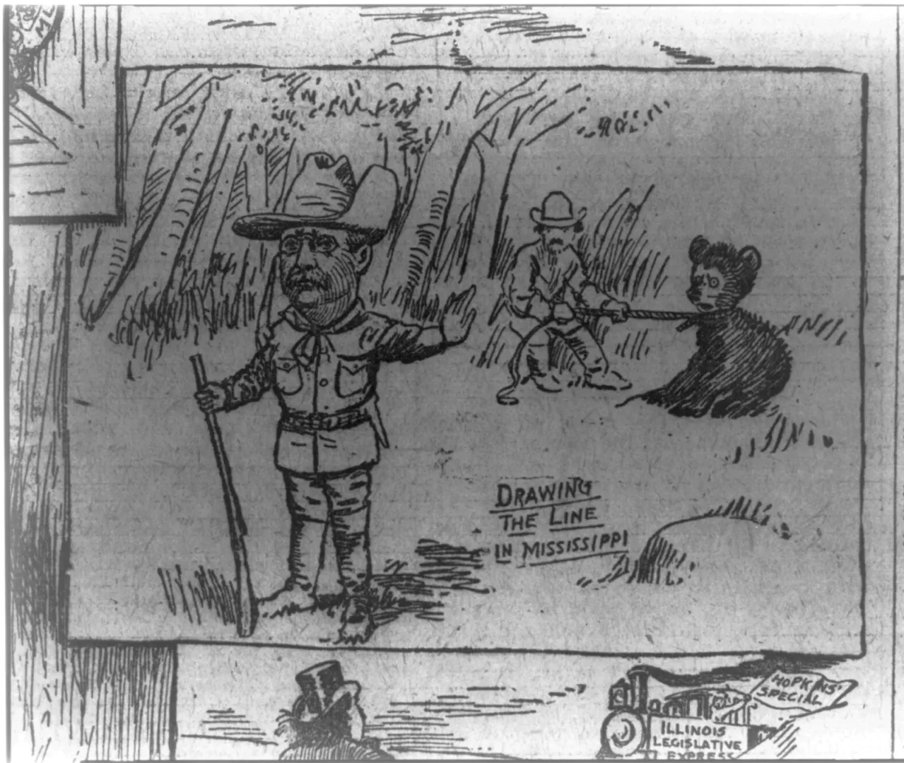 Clifford Berryman 1902 cartoon “Drawing the Line in Mississippi” showing Roosevelt refusing to shoot a bear