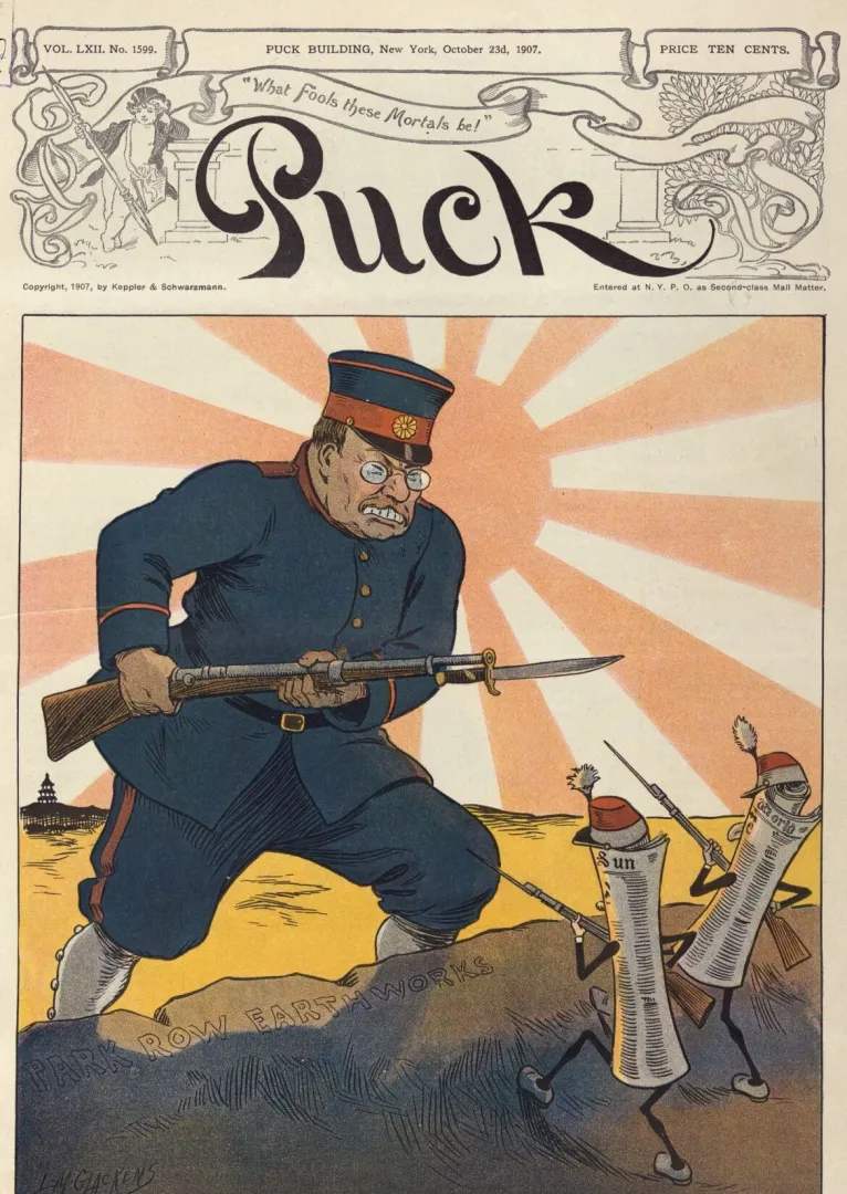 1907 Puck cartoon showing Theodore Roosevelt in a Japanese army uniform fending off newspaper figures