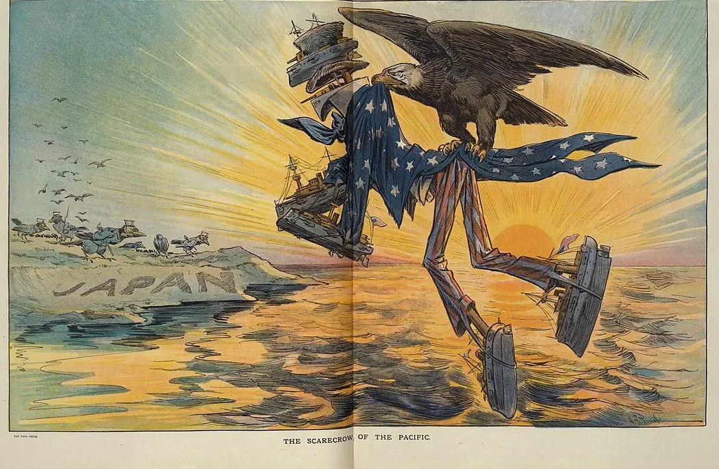 1907 Puck cartoon of an eagle carrying an Uncle Sam scarecrow across the ocean toward Japan