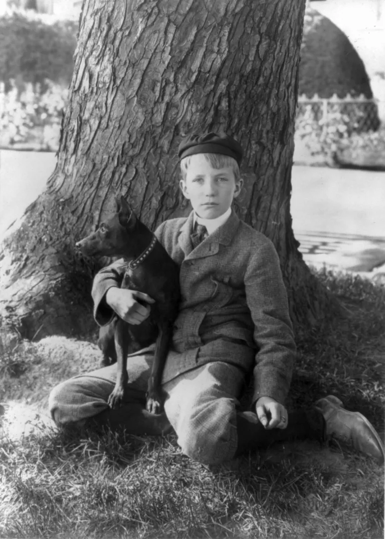 Young Kermit Roosevelt seated under a tree with a dog