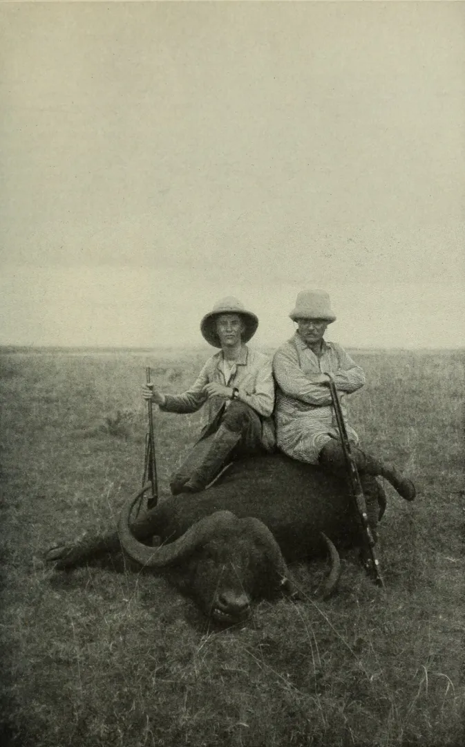 Theodore and Kermit Roosevelt with a Cape buffalo on safari