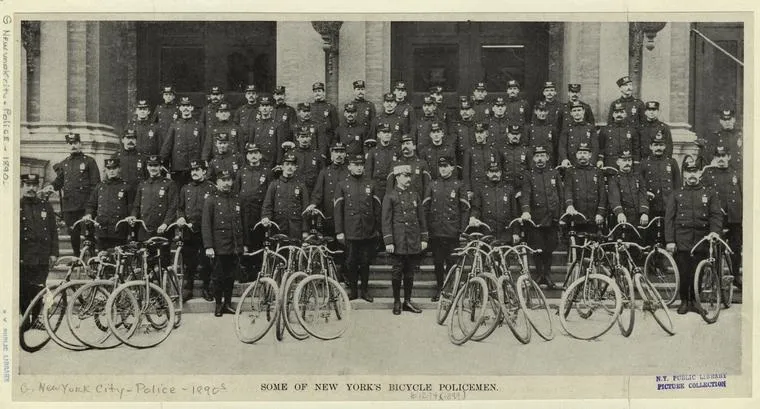 The New York City Police bicycle squad posed with their bicycles, 1890s