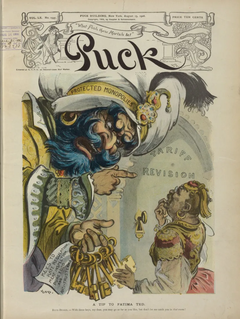 1906 Puck magazine cartoon depicting monopolies guarding new federal regulations