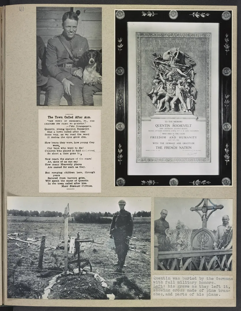 A memorial album page for Quentin Roosevelt with photographs and a poem