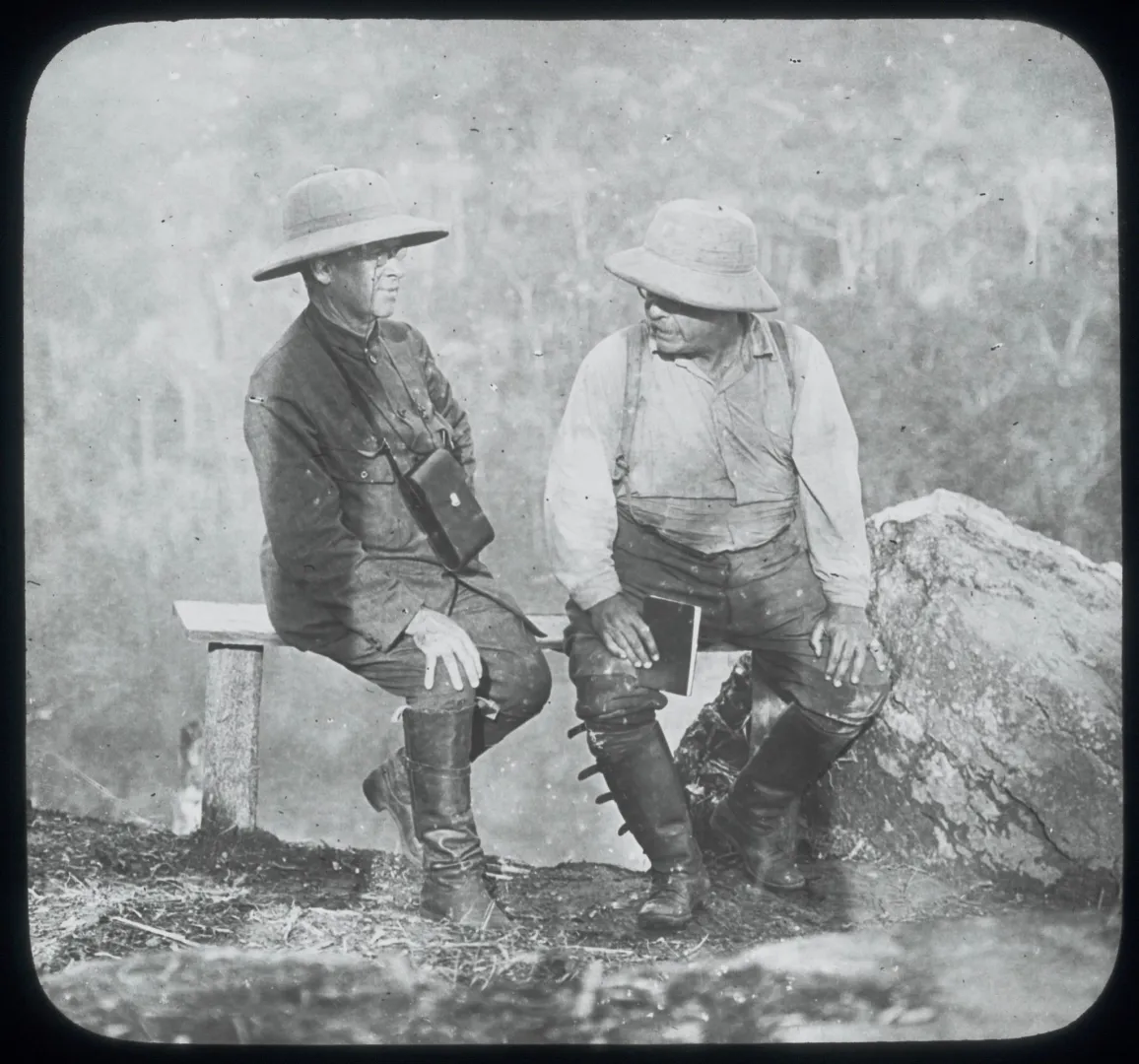 A weary Roosevelt seated in the field during the expedition