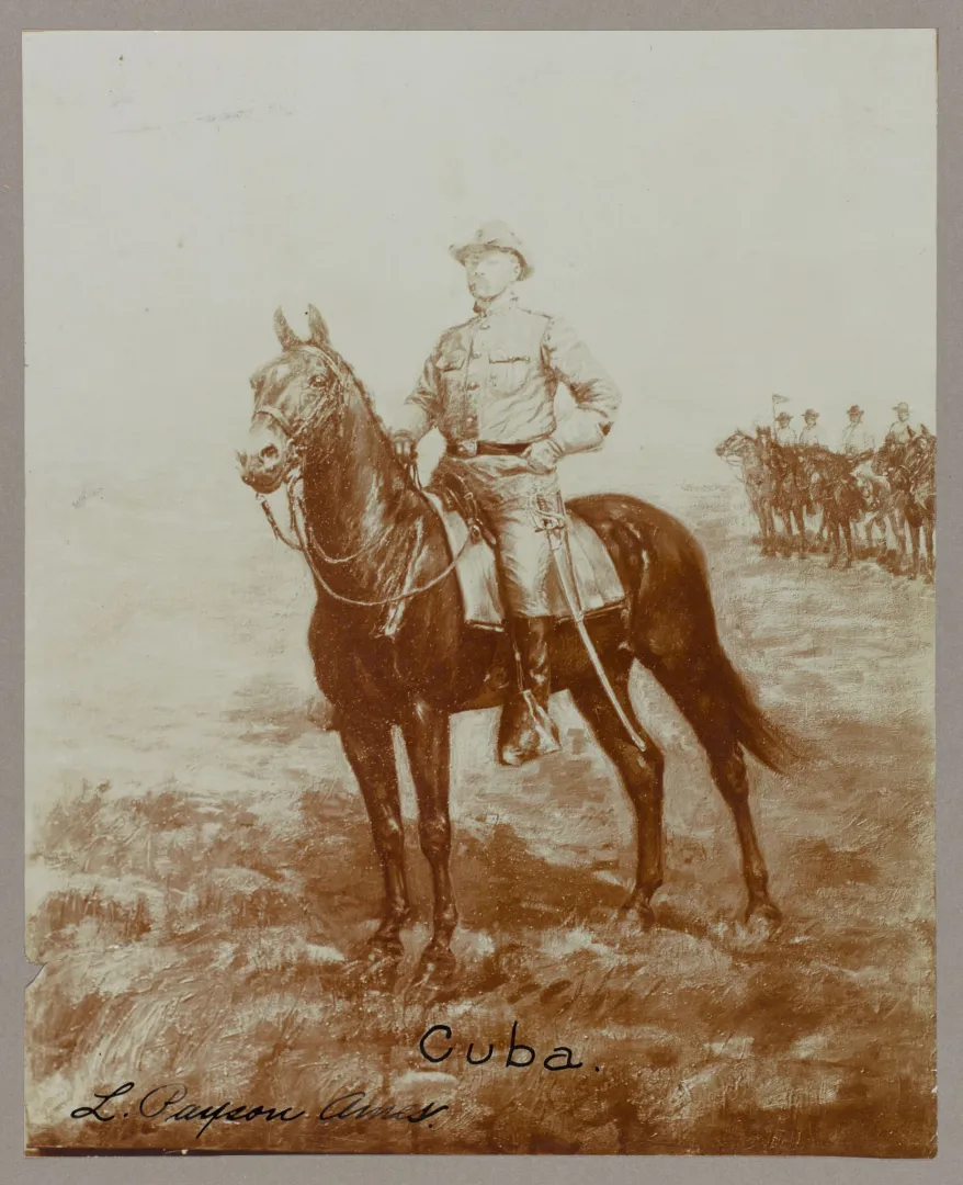 Theodore Roosevelt on horseback in Cuba with troops behind him