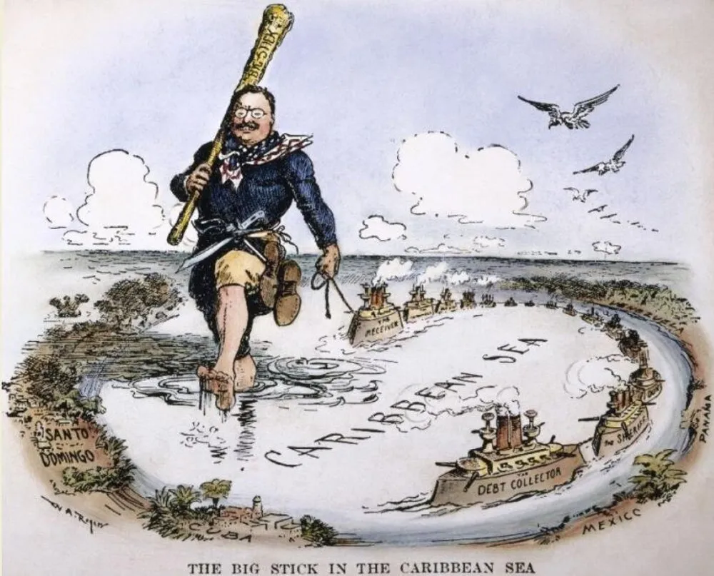 1904 cartoon of Roosevelt with a big stick straddling the Caribbean Sea